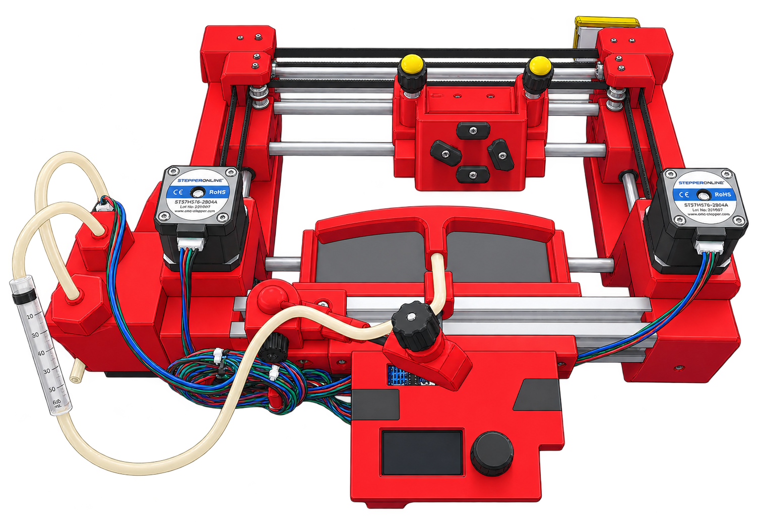 The AutoSharpener machine: red 3D-printed CoreXY frame with stepper motors, water pump and a control box with screen and knob